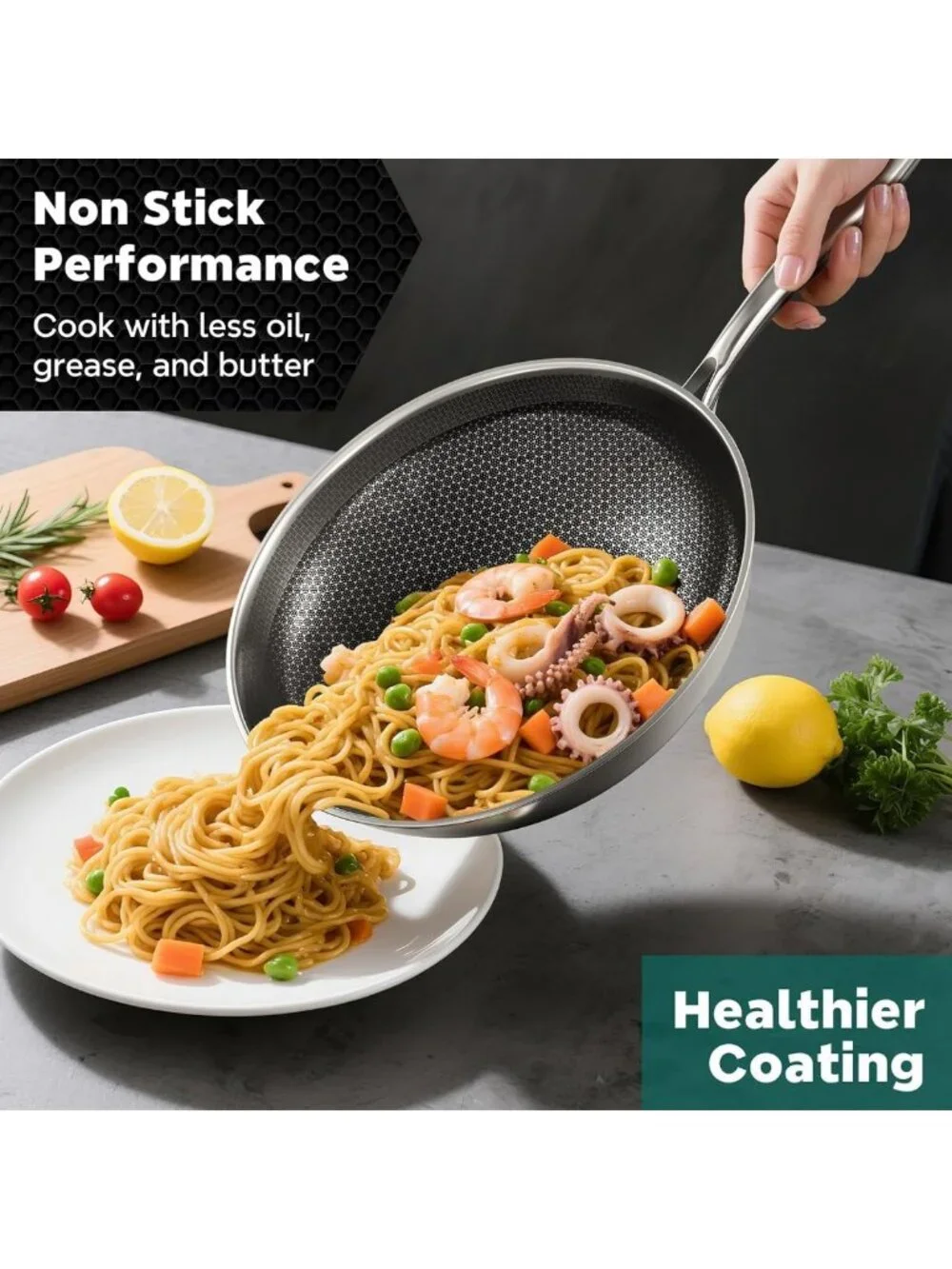13-Inch Nonstick Stainless Steel Wok Pan with Lid for All Stoves, PFOA Free